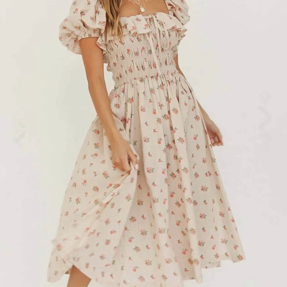 R.Vivimos Summer Floral Vintage Ruffles Midi Dress, XL, Beige #1